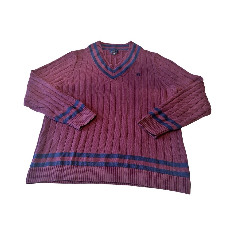 Brooks Brothers Mens XXL Burgundy Navy Striped V-Neck Ribbed Cotton Sweater